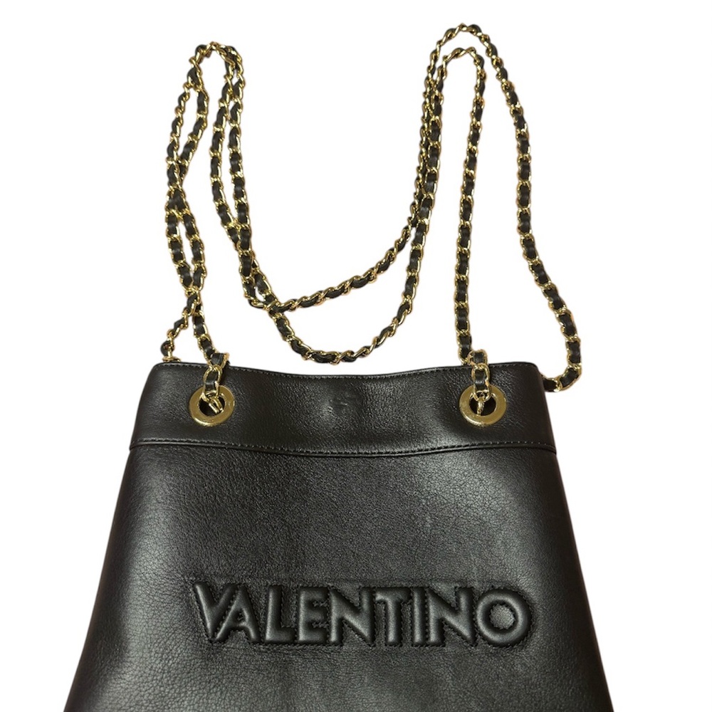 Valentino Black Leather Shoulder Bag with Gold Chain
